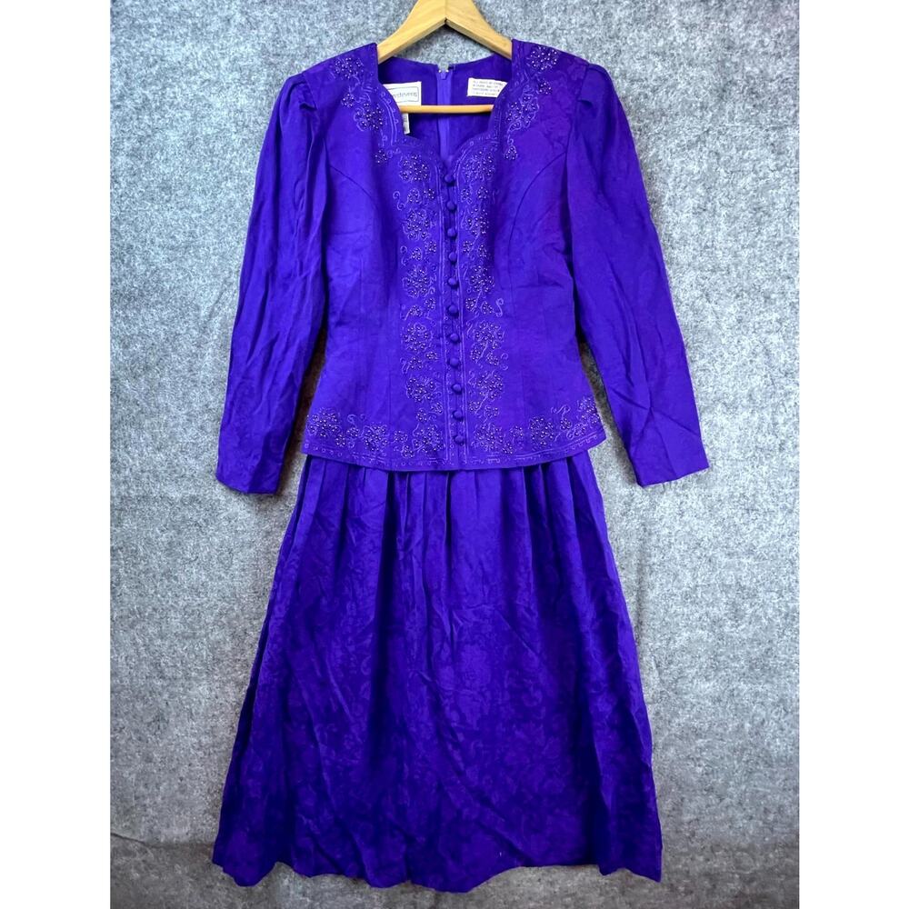 VTG Karin Stevens Dress Womens 8 Purple Floral Embroidered Button Front 80s MOB